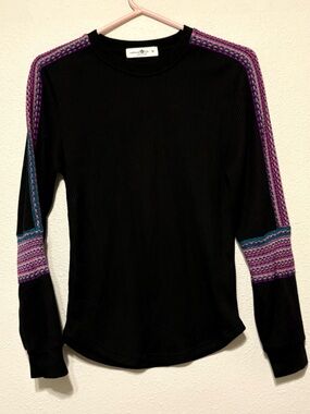NATURAL LIFE Black Ribbed Long Sleeve Sweater with Purple and Teal Trim